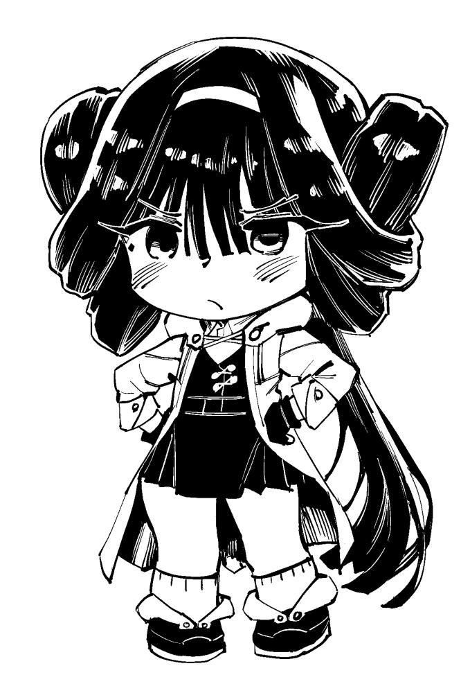 1girl black_hair blush breasts chibi coat commentary_request dress eyebrows_visible_through_hair fingerless_gloves frown full_body fur-trimmed_coat fur_trim girls_frontline gitoshinp gloves greyscale hairband hands_on_hips high_contrast korean_commentary long_hair looking_at_viewer monochrome open_clothes qbu-88_(girls_frontline) shoes sidelocks sketch small_breasts