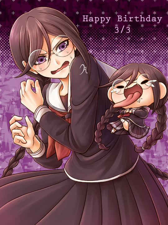 1girl black_shirt black_skirt brown_hair character_doll dangan_ronpa dangan_ronpa_1 floating_hair fukawa_touko glasses happy_birthday long_hair long_sleeves miniskirt pleated_skirt purple_background rimless_eyewear round_eyewear sailor_collar shirt skirt solo standing sweatdrop very_long_hair violet_eyes wavy_mouth white_sailor_collar yumaru_(marumarumaru)