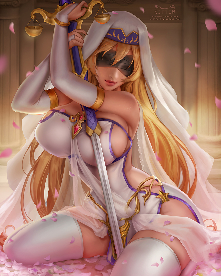 1girl artist_name bare_shoulders black_blindfold blindfold blonde_hair breasts commentary daria_leonova dress elbow_gloves english_commentary gloves goblin_slayer! holding holding_sword holding_weapon jewelry kneeling large_breasts leaf long_hair revealing_clothes smile solo sword sword_maiden thigh-highs weapon white_dress white_gloves white_legwear