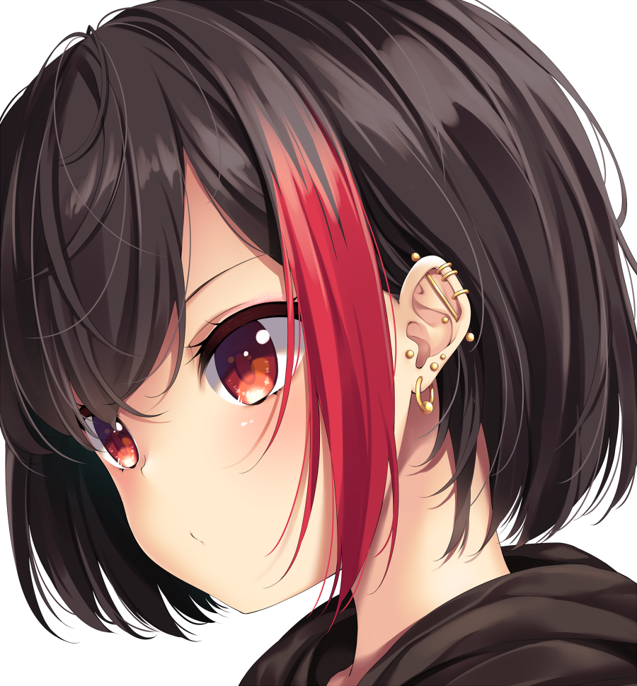 1girl bang_dream! bangs black_hair blush chiyonekoko closed_mouth commentary_request ear_piercing looking_away mitake_ran multicolored_hair piercing portrait red_eyes redhead short_hair simple_background solo streaked_hair white_background