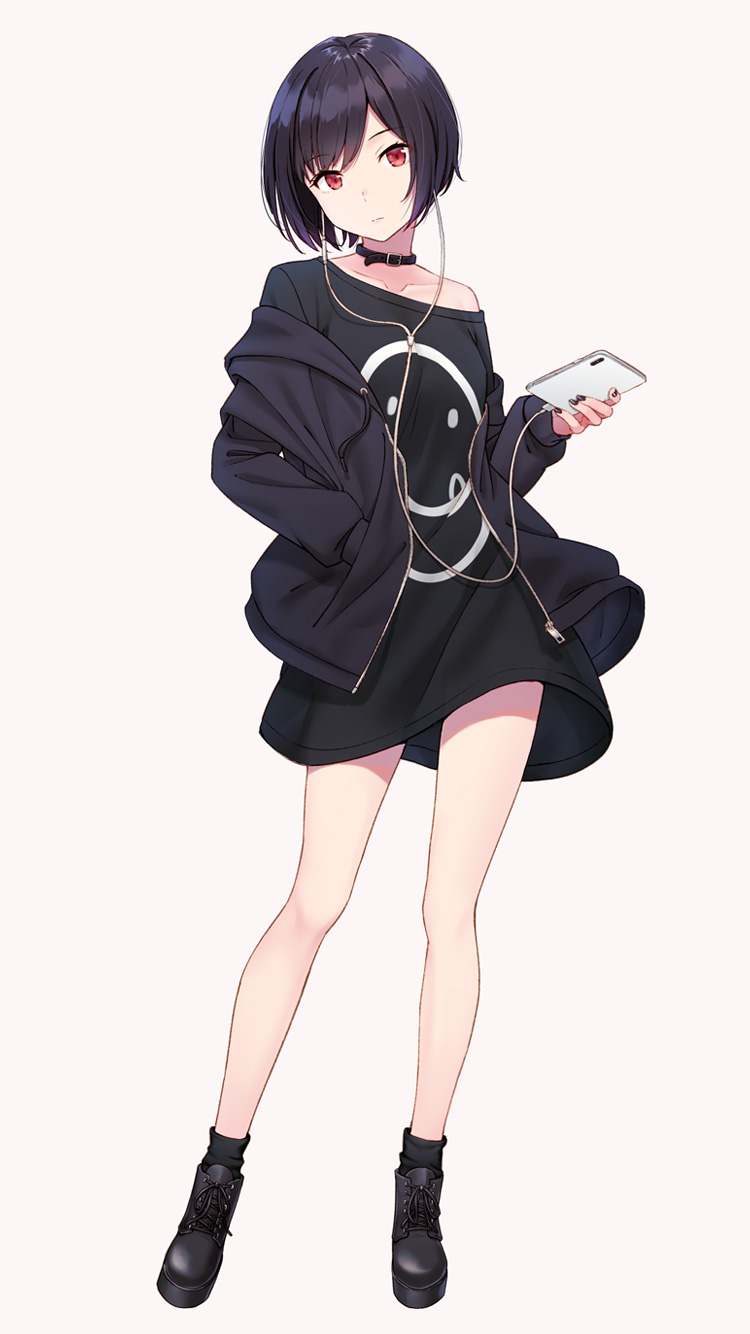 1girl bare_legs bare_shoulders black_collar black_footwear black_hair black_jacket black_legwear black_nails black_shirt cable cellphone closed_mouth collar collarbone drawstring earphones expressionless full_body hand_in_pocket head_tilt highres holding holding_phone hyuuga_azuri jacket long_shirt long_sleeves looking_at_viewer nail_polish off_shoulder open_clothes open_jacket original phone red_eyes shirt shoes short_hair simple_background smartphone smiley_face sneakers socks solo standing thighs white_background