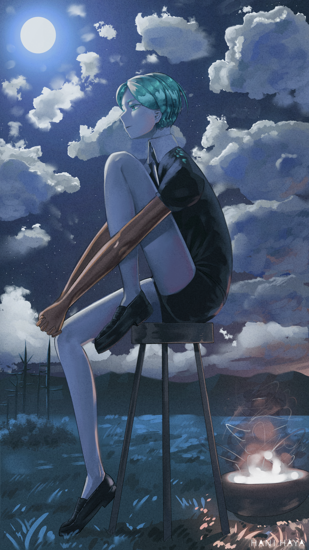 1other androgynous aqua_eyes aqua_hair artist_name bowl clouds colored_eyelashes commentary_request crystal_hair full_body full_moon gem_uniform_(houseki_no_kuni) golden_arms green_eyes green_hair hanbenp highres houseki_no_kuni knee_up moon necktie night night_sky outdoors phosphophyllite scenery short_hair sitting sky solo spoilers stool white_skin