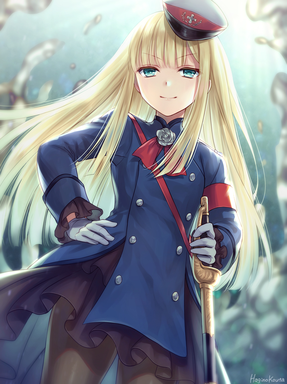 &gt;:) 1girl artist_name bangs blonde_hair blue_coat blurry blurry_background blush brown_legwear closed_mouth commentary_request depth_of_field eyebrows_visible_through_hair fate/grand_order fate_(series) gloves green_eyes hagino_kouta hand_on_hip hat highres holding holding_sword holding_weapon long_hair long_sleeves lord_el-melloi_ii_case_files pantyhose peaked_cap reines_el-melloi_archisorte saber_(weapon) signature smile solo sword tilted_headwear v-shaped_eyebrows very_long_hair weapon white_gloves white_headwear