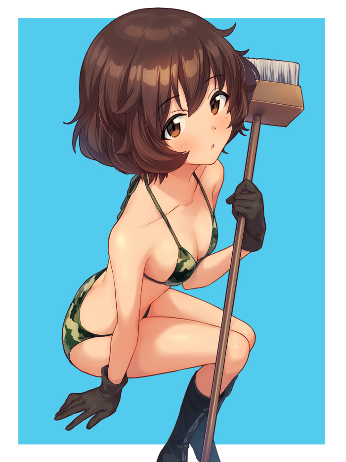 1girl akiyama_yukari bikini boots breasts broom brown_eyes brown_hair camouflage camouflage_bikini commentary girls_und_panzer gloves holding holding_broom invisible_chair knee_boots looking_at_viewer looking_up medium_hair sayshownen simple_background sitting small_breasts solo swimsuit