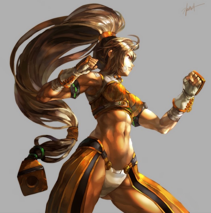 1girl abs armband bandaid bandaid_on_face breasts brown_eyes brown_hair clenched_hands dungeon_and_fighter fighter_(dungeon_and_fighter) fighting_stance from_below high_ponytail kim_yura_(goddess_mechanic) long_hair medium_breasts midriff navel ponytail profile signature smile solo toned very_long_hair