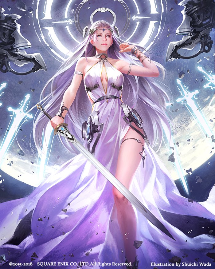 armlet artist_name bare_shoulders bracelet center_opening copyright dress energy_sword final_fantasy forehead_jewel grey_eyes halo jewelry mobius_final_fantasy moon shuichi_wada side_slit sword thigh_strap weapon white_dress white_hair