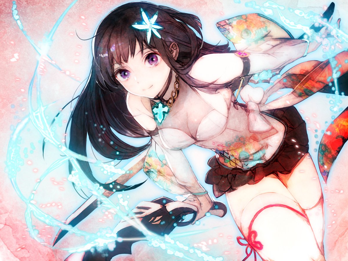 1girl baiju_(witch's_weapon) bangs bare_shoulders black_hair breasts commentary_request detached_sleeves dutch_angle flower hair_flower hair_ornament jewelry long_hair looking_at_viewer miniskirt necklace skirt solo thigh-highs toi8 violet_eyes weapon white_legwear wide_sleeves witch's_weapon