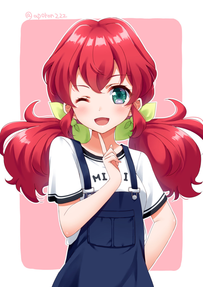 1girl ;d aikatsu!_(series) aikatsu_friends! asuka_mirai_(aikatsu_friends!) blue_overalls bow floating_hair green_eyes hair_bow hand_on_hip hoshino_kagari index_finger_raised long_hair looking_at_viewer one_eye_closed open_mouth overalls print_shirt redhead shiny shiny_hair shirt short_sleeves simple_background smile solo upper_body white_background white_shirt yellow_bow