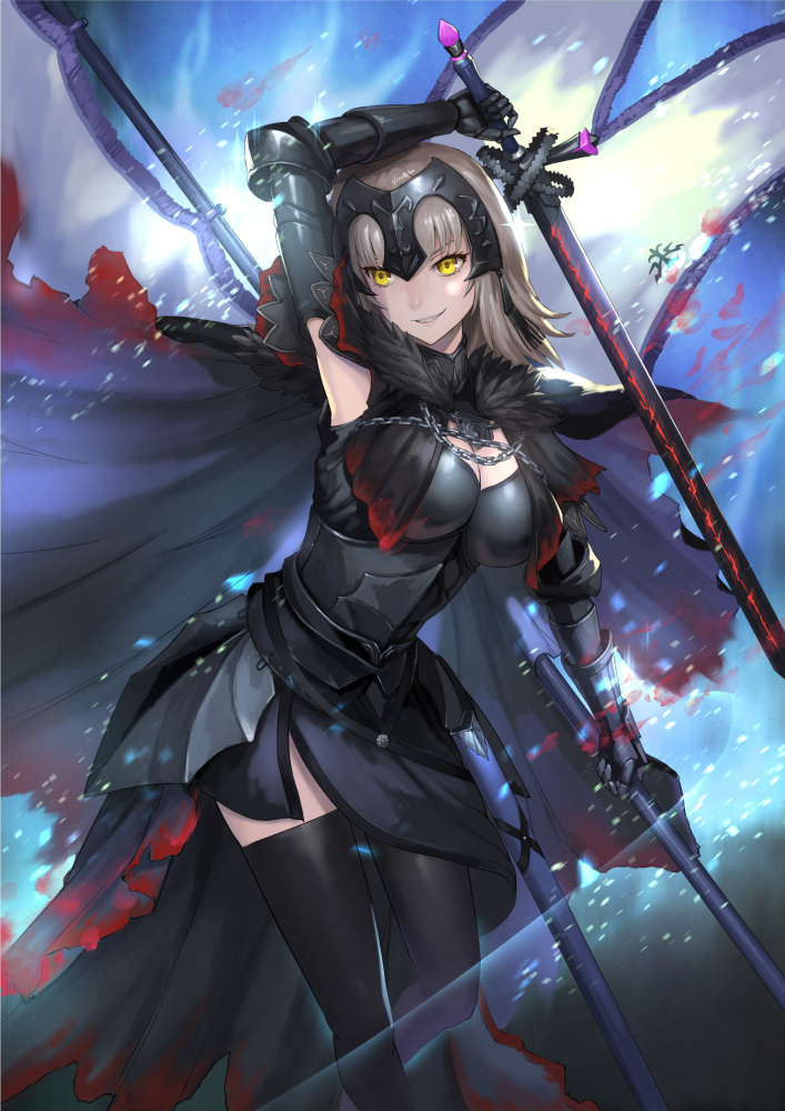 ahoge arm_up armor armored_dress bangs black_armor black_dress black_legwear breasts cape chain commentary_request cowboy_shot dress fate/grand_order fate_(series) faulds fur-trimmed_cape fur_collar fur_trim gauntlets headpiece holding holding_sword holding_weapon jeanne_d'arc_(alter)_(fate) jeanne_d'arc_(fate)_(all) large_breasts maekawa_yuichi multicolored multicolored_background short_hair silver_hair smile sword thigh-highs tsurime weapon yellow_eyes