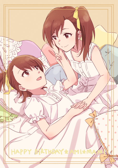 2girls :d asymmetrical_hair brown_eyes brown_hair collarbone demirinz dress eye_contact futami_ami futami_mami hair_ribbon hand_on_another's_cheek hand_on_another's_face holding_hands idolmaster idolmaster_(classic) interlocked_fingers long_hair looking_at_another lying multiple_girls on_back one_side_up open_mouth polka_dot_pillow ribbon shirt short_hair short_sleeves siblings side_ponytail sisters sitting sleeveless sleeveless_dress smile twins under_covers white_dress yellow_ribbon