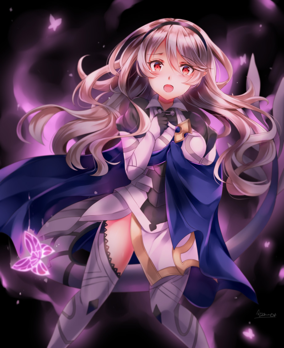 1girl armor aura ayame_(norie11) black_gloves black_hairband blue_cape bug butterfly cape commentary_request dark_aura dragon_tail female_my_unit_(fire_emblem_if) fire_emblem fire_emblem_heroes fire_emblem_if gloves hairband insect long_hair my_unit_(fire_emblem_if) open_mouth pointy_ears red_eyes signature solo tail tearing_up white_hair