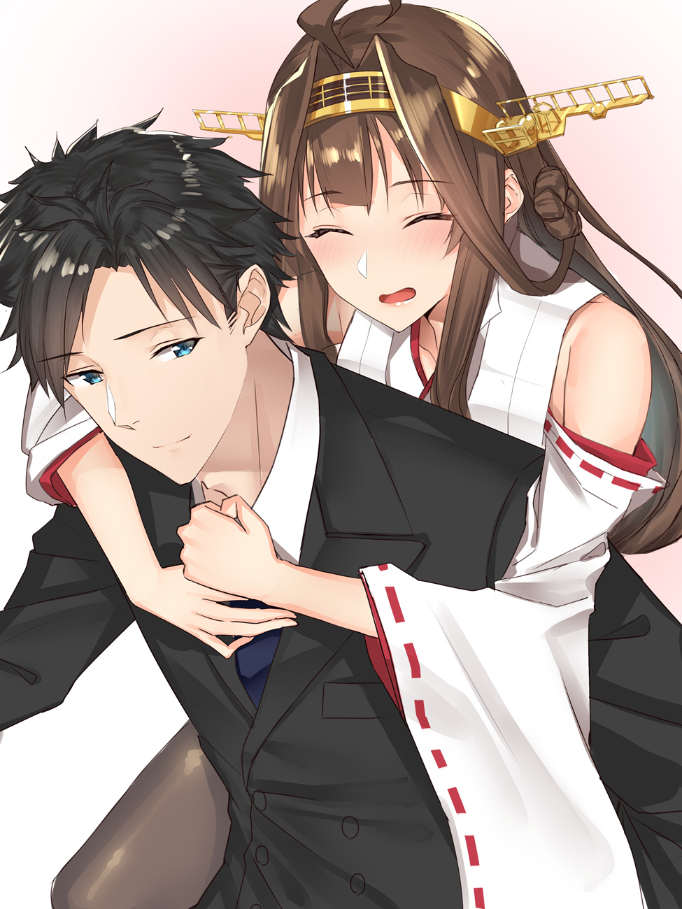 1boy 1girl :d ^_^ ahoge bare_shoulders black_hair black_jacket blue_eyes blue_neckwear blush breasts brown_hair closed_eyes closed_mouth commentary_request detached_sleeves double_bun hairband headgear highres hug jacket japanese_clothes kantai_collection kongou_(kantai_collection) long_hair necktie nontraditional_miko open_mouth pallad remodel_(kantai_collection) shirt short_hair smile white_shirt