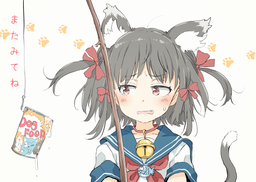 1girl animal_ear_fluff animal_ears bangs bell bell_collar blue_sailor_collar blush bow cat_ears cat_girl cat_tail collar collarbone commentary_request dog_food eyebrows_visible_through_hair fang fishing_hook fishing_line fishing_rod gomennasai grey_background grey_hair hair_bow jingle_bell looking_away looking_to_the_side neckerchief original parted_lips paw_background red_bow red_collar red_eyes red_neckwear sailor_collar school_uniform serafuku shirt short_sleeves simple_background solo tail tail_raised translation_request two_side_up upper_body white_shirt