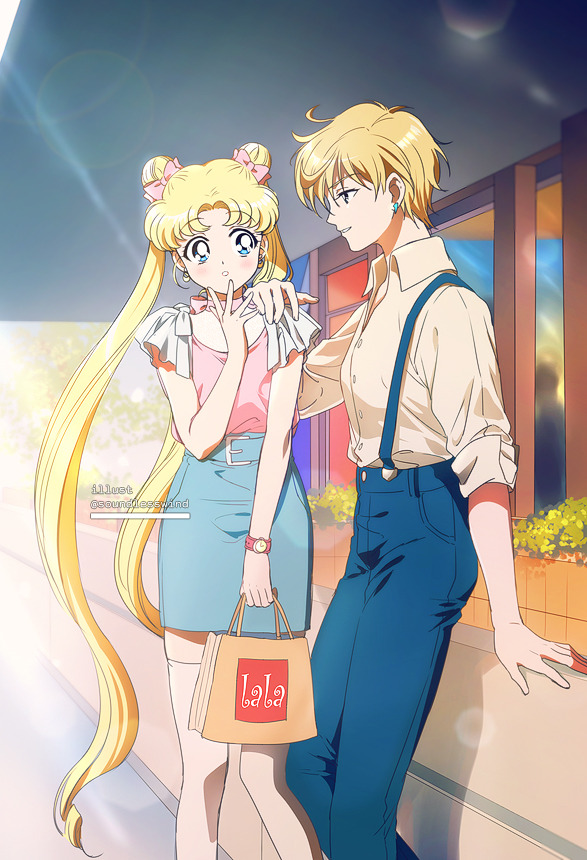2girls androgynous bag bangs bishoujo_senshi_sailor_moon blonde_hair blue_eyes blue_pants blue_skirt bow commentary day denim double_bun earrings english_commentary eyebrows_visible_through_hair hair_bow hand_on_another's_shoulder hand_to_own_mouth holding holding_bag jeans jewelry kaze-hime lens_flare long_hair looking_at_another multiple_girls outdoors pants parted_bangs pencil_skirt pink_bow pink_shirt shirt shopping_bag short_hair short_sleeves skirt sleeves_rolled_up suspenders ten'ou_haruka thigh-highs tsukino_usagi twintails very_long_hair very_short_hair watch watch zettai_ryouiki