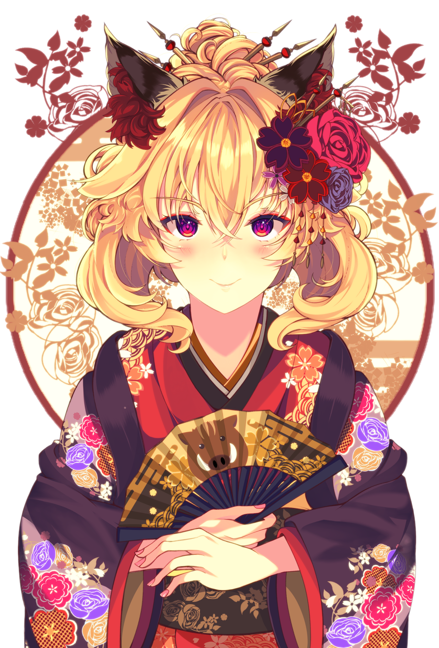 1girl animal_ear_fluff animal_ears bangs blonde_hair blush breasts commentary_request eyebrows_visible_through_hair fan floral_print flower folding_fan fox_ears hair_flower hair_ornament hair_up hairpin highres holding holding_fan japanese_clothes kimono large_breasts long_hair looking_at_viewer mizuyoukan_(mikususannda) nail_polish obi original pink_nails sash sidelocks smile solo two_side_up upper_body violet_eyes wide_sleeves