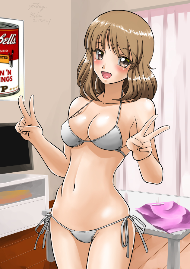 1girl bed_sheet bikini breasts brown_eyes brown_hair campbell's collarbone commentary curtains double_v groin head_tilt hip_bones indoors light_blush matsui_yasutsugu medium_breasts navel open_mouth original poster side-tie_bikini smile solo string_bikini swimsuit table television thighs v white_bikini wooden_floor
