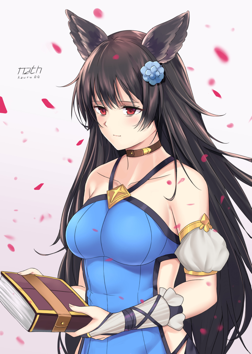 1girl animal_ears bare_shoulders black_hair blue_dress blue_flower book brown_eyes dress erune flower granblue_fantasy hair_flower hair_ornament kauru00 long_hair looking_down nier_(granblue_fantasy) puffy_short_sleeves puffy_sleeves sad short_sleeves solo very_long_hair