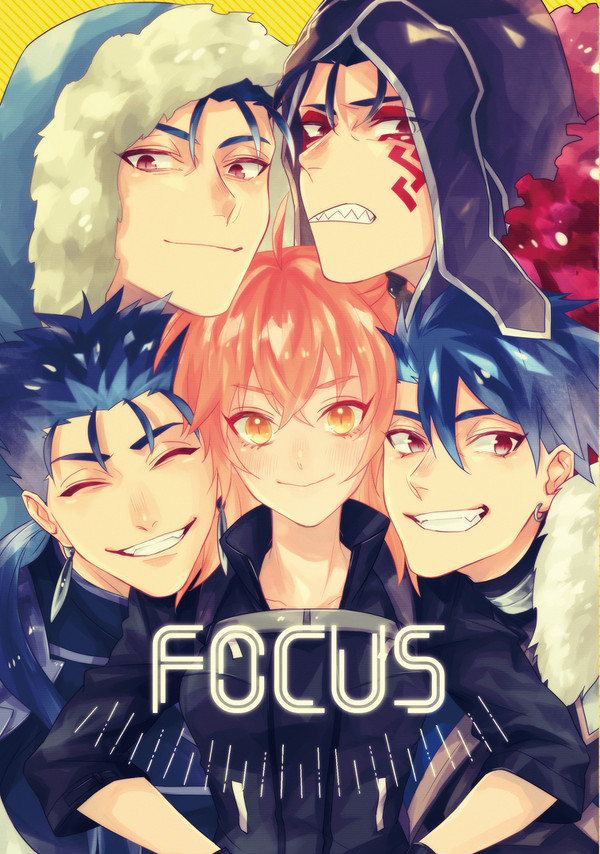 1girl 4boys :&gt; ahoge black_scrunchie black_shirt blue_hair blush chaldea_combat_uniform commentary_request cover cover_page cu_chulainn_(fate/grand_order) cu_chulainn_(fate/prototype) cu_chulainn_alter_(fate/grand_order) doujin_cover earrings eyebrows_visible_through_hair fate/grand_order fate/prototype fate/stay_night fate_(series) fujimaru_ritsuka_(female) fur_trim grin hair_between_eyes hair_ornament hair_scrunchie hood hood_up jewelry kajijii lancer looking_at_viewer multiple_boys orange_eyes orange_hair ponytail red_eyes scowl scrunchie sharp_teeth shirt short_sleeves side_ponytail smile striped striped_background teeth yellow_background