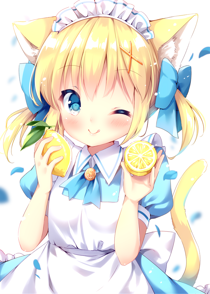 1girl ;q animal_ear_fluff animal_ears apron blonde_hair blue_bow blue_dress blue_eyes blush bow cat_ears cat_girl cat_tail closed_mouth collared_dress commentary_request dress food fruit hair_bow hair_ornament holding holding_food irori lemon maid maid_apron maid_headdress one_eye_closed original puffy_short_sleeves puffy_sleeves short_sleeves simple_background smile solo tail tail_raised tongue tongue_out twintails white_apron white_background x_hair_ornament
