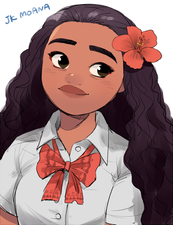 1girl arms_at_sides black_hair brown_eyes buttons character_name contemporary curly_hair dark_skin disney dress_shirt eyelashes flower hair_flower hair_ornament head_tilt hibiscus long_hair looking_away moana_(movie) moana_waialiki neck_ribbon pano_(mohayayamai) partially_unbuttoned red_flower red_ribbon ribbon school_uniform shirt short_sleeves simple_background smile solo text_focus thick_eyebrows unbuttoned upper_body white_background white_shirt