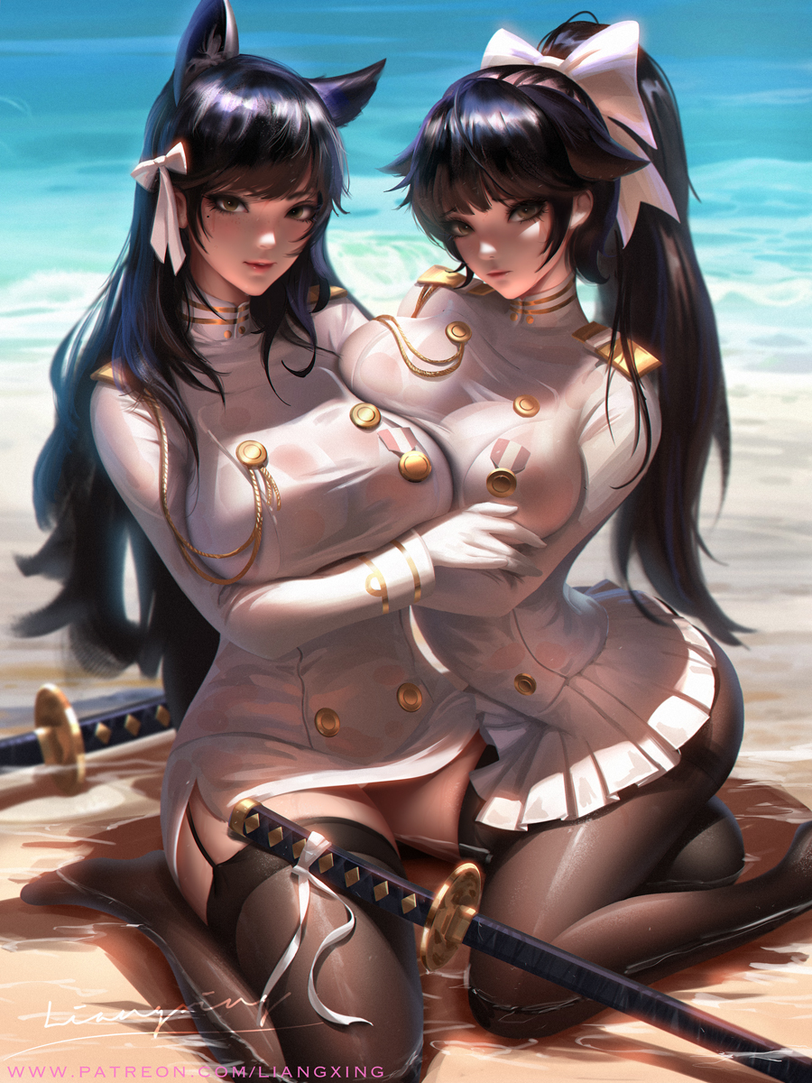 2girls aiguillette animal_ears asymmetrical_docking atago_(azur_lane) azur_lane bangs beach black_hair black_legwear blush bow breast_press breasts brown_eyes closed_mouth commentary day english_commentary extra_ears eyebrows_visible_through_hair garter_straps gloves hair_bow hair_flaps hair_ribbon highres hug katana kneeling large_breasts liang_xing long_hair looking_at_viewer military military_uniform miniskirt mole mole_under_eye multiple_girls no_shoes ocean outdoors pantyhose parted_lips patreon_username ponytail ribbon sand sheath sheathed sitting skindentation skirt smile swept_bangs sword takao_(azur_lane) thigh-highs uniform very_long_hair wariza weapon wet wet_clothes white_bow white_ribbon
