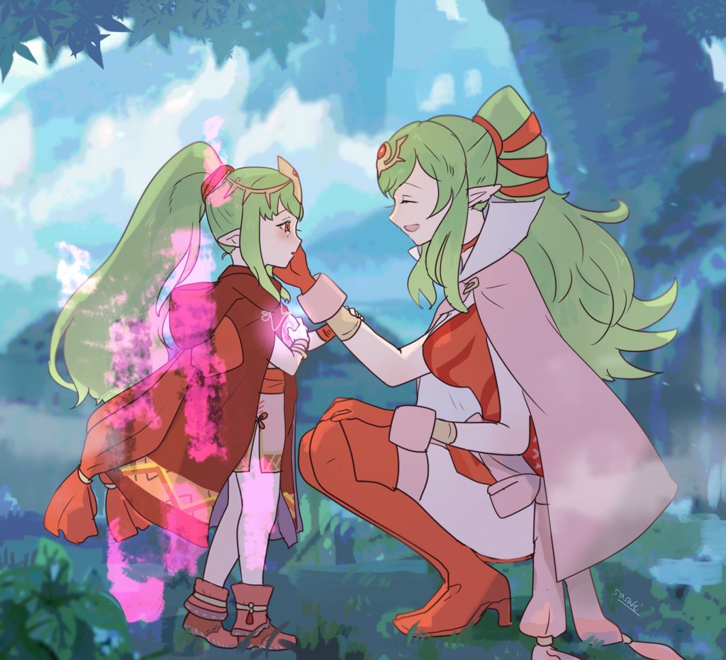 2girls adult aura boots breasts cape chiki child cloak closed_eyes commentary_request crying crying_with_eyes_open dragon_girl dress dual_persona fire_emblem fire_emblem:_kakusei fire_emblem:_mystery_of_the_emblem fire_emblem_heroes fire_emblem_musou forest gloves green_hair hair_between_eyes hair_ornament hair_ribbon hand_on_another's_face holding hood hood_down hooded_cloak intelligent_systems jewelry large_breasts long_hair looking_at_another mamkute multiple_girls nature nintendo older open_mouth parted_lips pink_cape pointy_ears ponytail red_cloak red_footwear red_gloves red_ribbon redhead ribbon sasaki_(dkenpisss) short_dress smile stone super_smash_bros. tears teenage tiara time_paradox younger