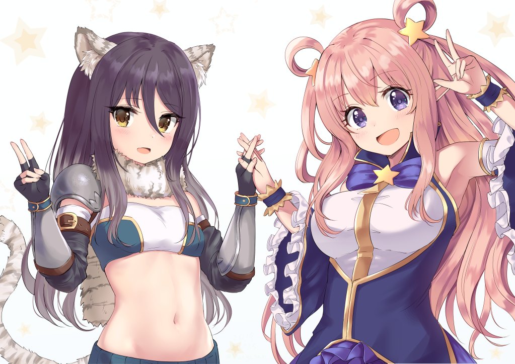 2girls :d animal_ear_fluff animal_ears armpits bandeau bangs bare_shoulders black_gloves black_hair blush breasts dargo detached_sleeves fingerless_gloves framed_breasts frilled_sleeves frills fur_collar gauntlets gloves gradient_hair hair_between_eyes hair_rings hands_up kashiwazaki_hatsune kashiwazaki_shiori long_hair long_sleeves looking_at_viewer medium_breasts midriff multicolored_hair multiple_girls navel open_mouth pink_hair pointy_ears princess_connect! princess_connect!_re:dive shirt shoulder_armor sidelocks simple_background single_spaulder smile standing star stomach tail upper_body violet_eyes w white_background white_hair white_shirt wide_sleeves wristband yellow_eyes