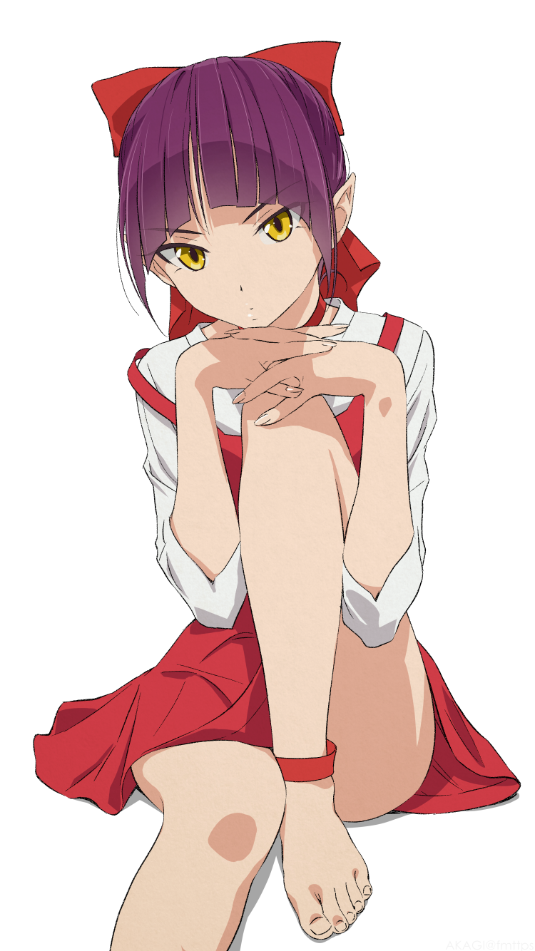 1girl akagi_(fmttps) anklet barefoot bow choker commentary_request dress eyebrows_visible_through_hair gegege_no_kitarou hair_bow highres jewelry long_sleeves looking_at_viewer nekomusume nekomusume_(gegege_no_kitarou_6) pointy_ears purple_hair red_bow red_choker red_dress shirt short_hair simple_background sitting solo white_background white_shirt yellow_eyes
