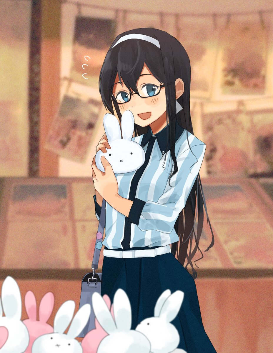 1girl alternate_costume annin_musou bag black_hair blue_eyes blue_skirt bunny_head commentary_request cowboy_shot flying_sweatdrops glasses hairband handbag highres kantai_collection long_hair long_sleeves looking_at_viewer miffy miffy_(character) ooyodo_(kantai_collection) open_mouth rabbit semi-rimless_eyewear shirt skirt smile solo striped striped_shirt stuffed_toy under-rim_eyewear white_hairband