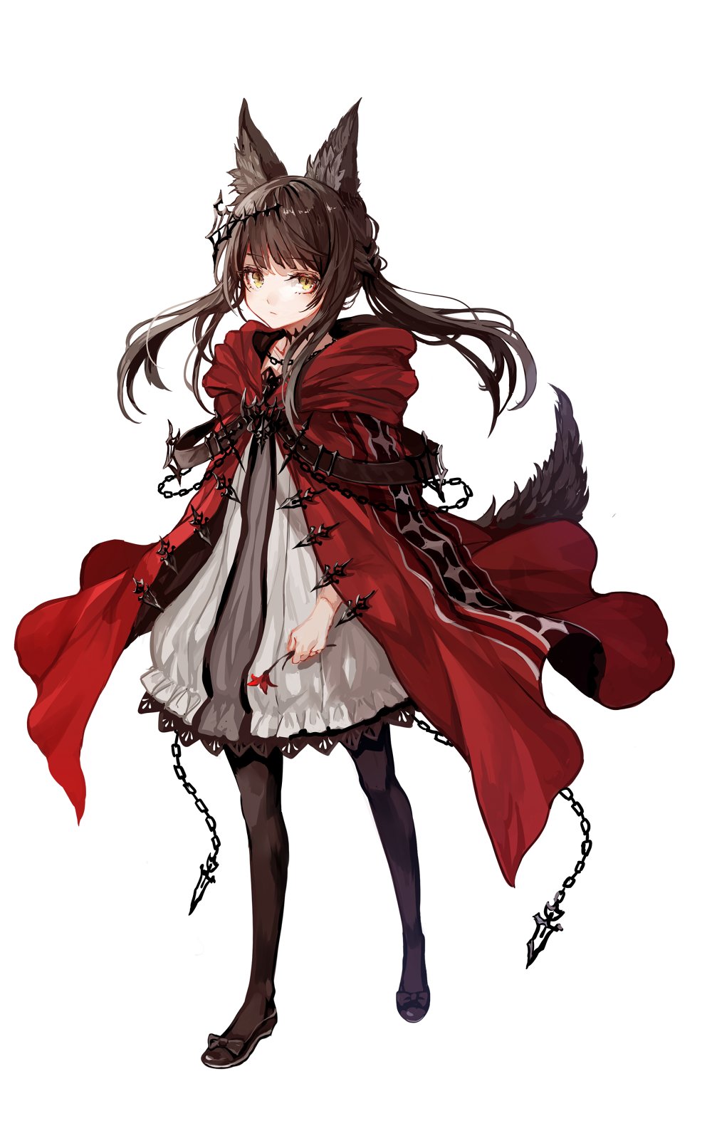 1girl animal_ears black_bow bow braid brown_eyes brown_hair chain chocker eyebrows_visible_through_hair flower headgear highres holding holding_flower medium_hair original red_flower senano-yu simple_background solo standing tail white_background