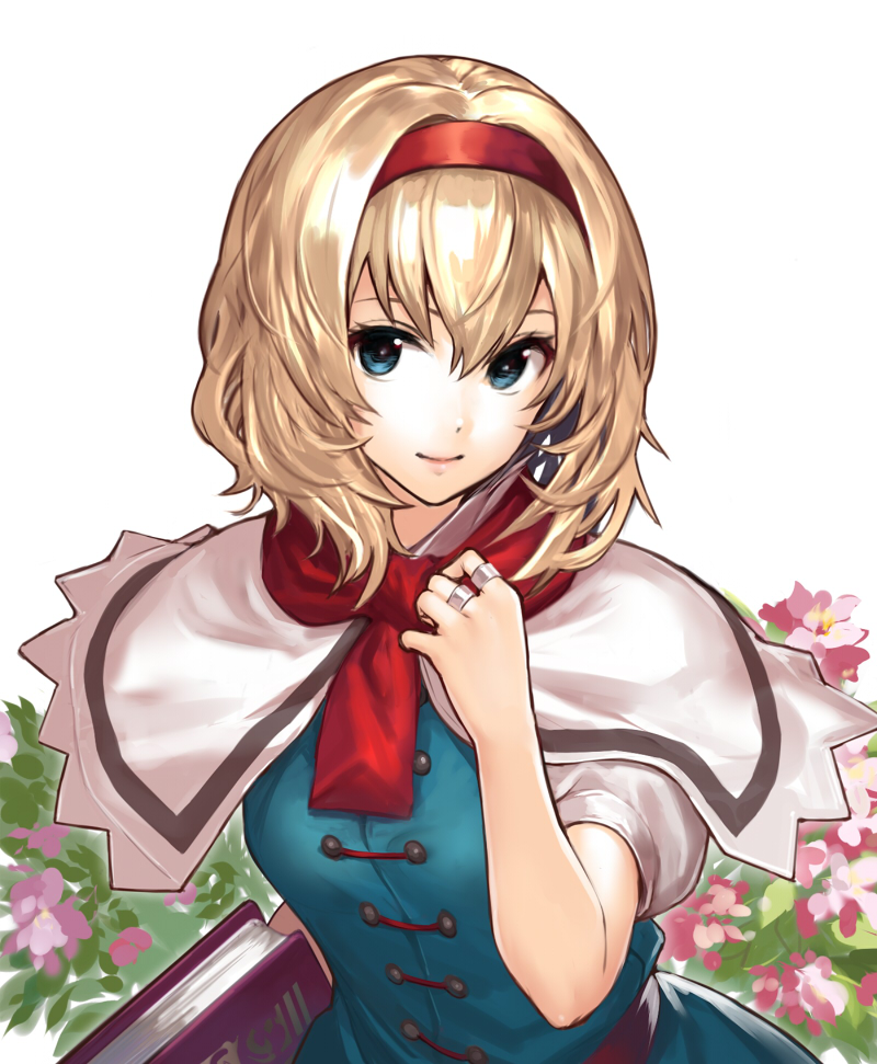 1girl alice_margatroid blonde_hair blouse blue_eyes book breasts capelet flower hair_between_eyes hairband hiyashiru jewelry lips looking_at_viewer medium_breasts red_neckwear ring scarf short_hair short_sleeves simple_background smile solo touhou upper_body white_background