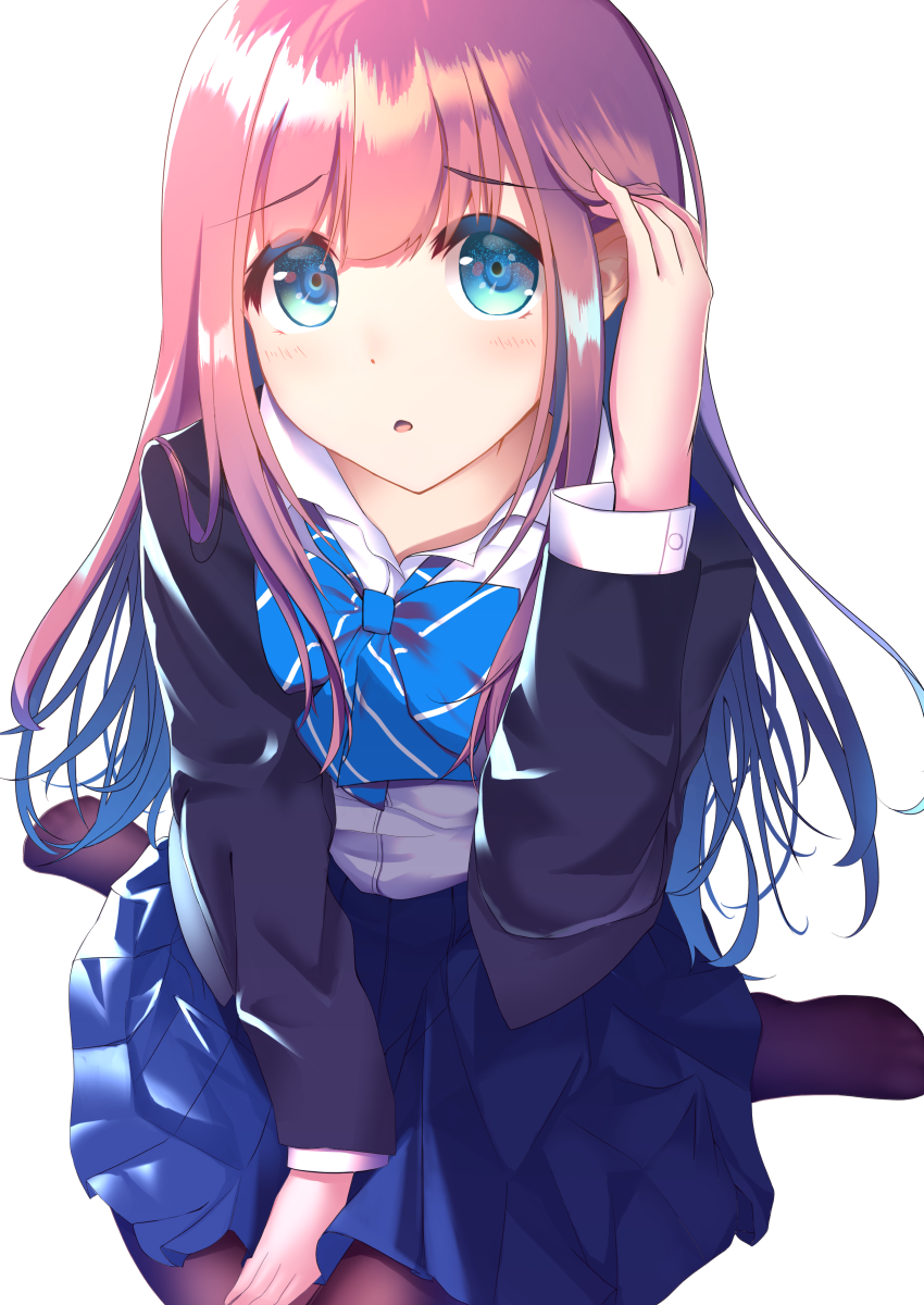 1girl aco2t between_legs black_legwear blazer blue_bow blue_eyes blue_skirt bow hand_between_legs hand_up highres jacket long_sleeves looking_at_viewer no_shoes original pantyhose pink_hair school_uniform sidelocks simple_background sitting skirt solo