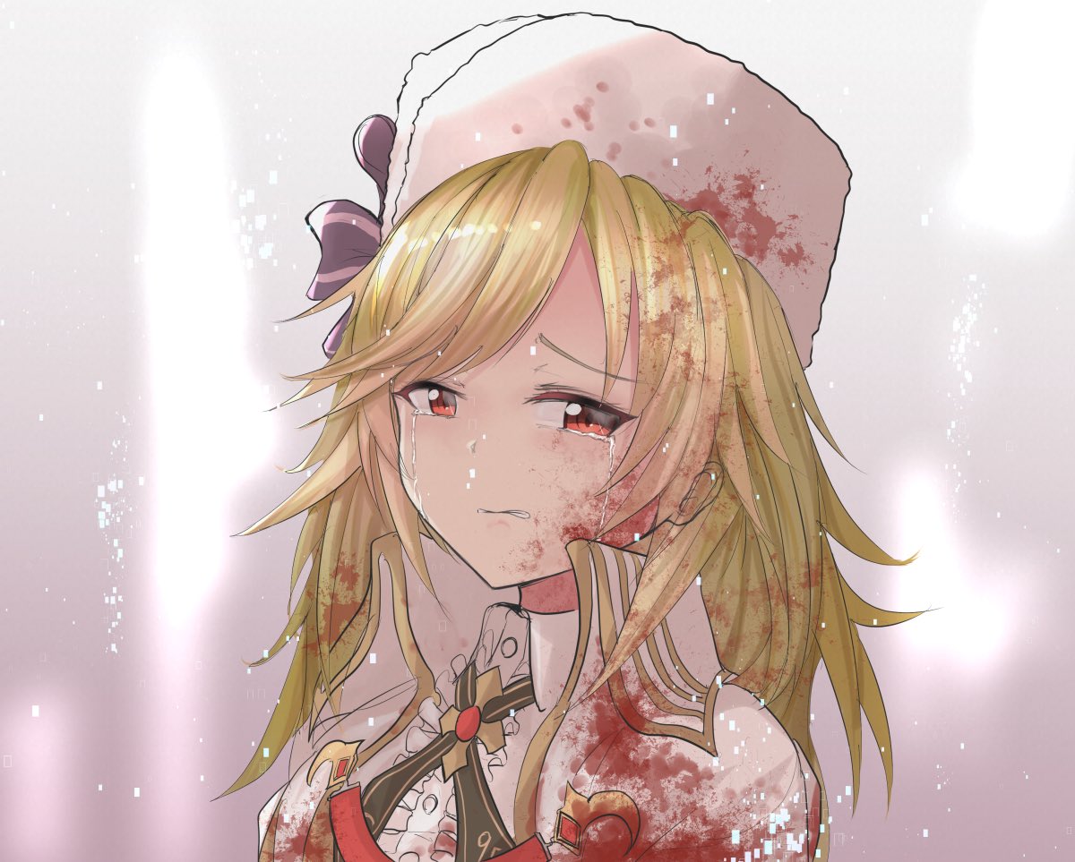 1girl bangs blonde_hair blood blood_on_face bloody_clothes commentary_request crying crying_with_eyes_open fur_hat girls_frontline hat jacket long_hair nagant_revolver_(girls_frontline) open_clothes open_jacket red_eyes shirt solo streaming_tears take_(trude1945oneetyan) tears upper_body white_shirt