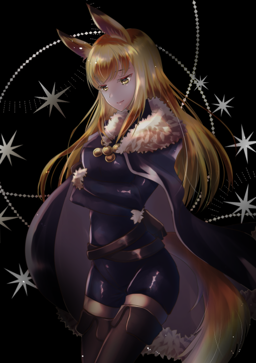 1girl animal_ears black_cape black_footwear black_gloves blonde_hair boots cape cloak crossed_arms dark_background fox_ears fox_tail fur_trim gloves long_hair miruniru pixiv_fantasia pixiv_fantasia_last_saga quintica_chief_of_the_polar_night smile solo standing tail thigh-highs thigh_boots very_long_hair yellow_eyes zettai_ryouiki