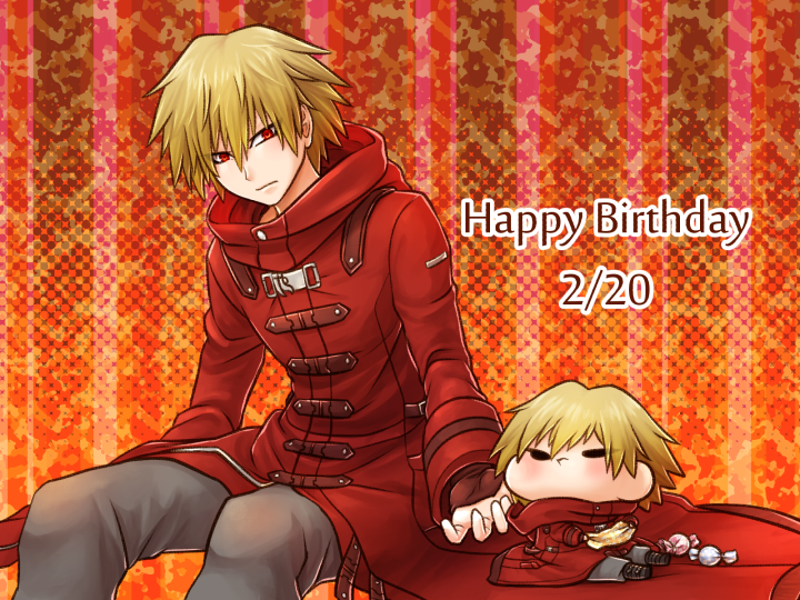 1boy blonde_hair character_doll coat dangan_ronpa dangan_ronpa_3 grey_pants hair_between_eyes happy_birthday invisible_chair izayoi_sounosuke long_sleeves male_focus pants red_coat red_eyes sitting solo yumaru_(marumarumaru)