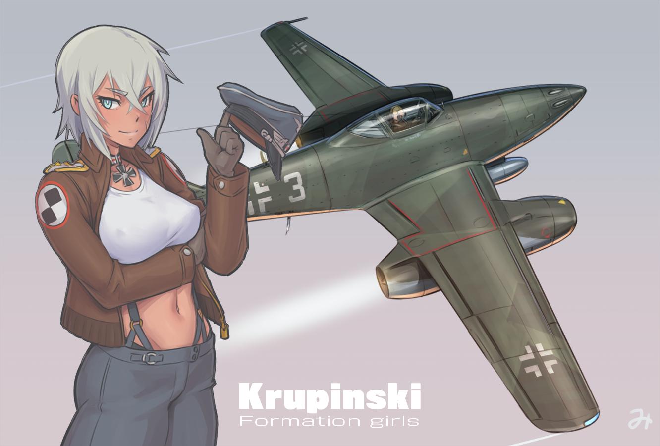 1girl aircraft airplane blue_eyes covered_nipples facial_scar gloves hat iron_cross jacket jet me_262 midriff mikoyan military military_hat military_vehicle navel original peaked_cap pilot scar silver_hair suspenders