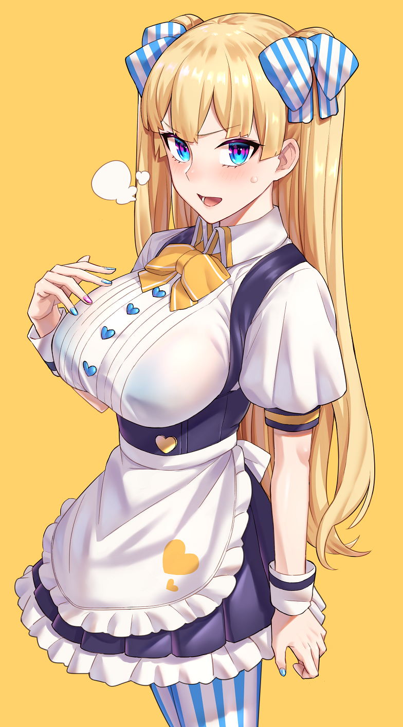 1girl apron bangs blonde_hair blue_eyes blue_nails bow bra_through_clothes breasts eyebrows_visible_through_hair hair_bow heart heart_button highres large_breasts lina_(michihasu) long_hair looking_at_viewer michihasu multicolored multicolored_eyes nail_polish original puffy_short_sleeves puffy_sleeves see-through short_sleeves simple_background solo standing striped striped_bow striped_legwear symbol_commentary two_side_up underbust vertical-striped_bow vertical-striped_legwear vertical_stripes violet_eyes virtual_youtuber waist_apron wet wet_clothes white_apron wrist_cuffs yellow_background