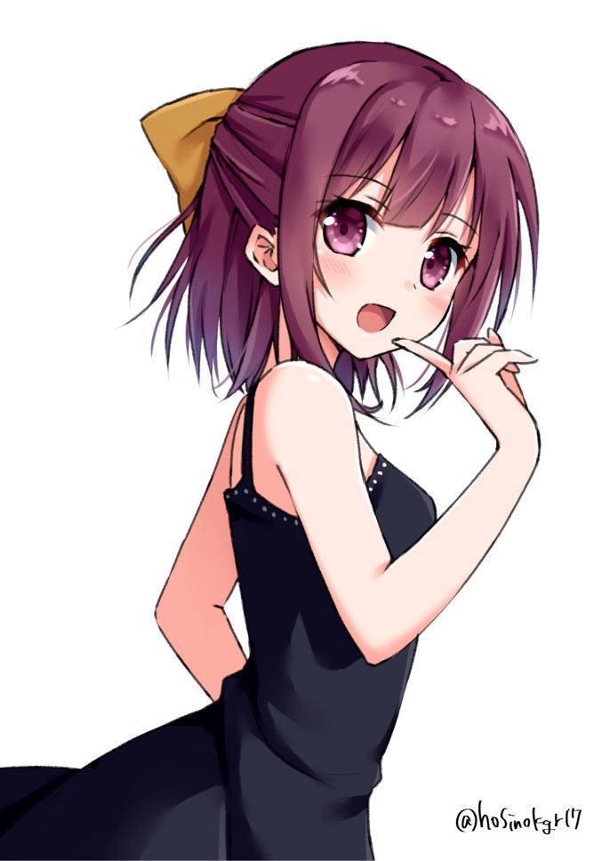 1girl :d alternate_hair_length alternate_hairstyle bangs black_dress bow brown_hair dress eyebrows_visible_through_hair from_side hair_bow hoshino_kagari index_finger_raised kamikaze_(kantai_collection) kantai_collection looking_at_viewer open_mouth orange_bow red_eyes short_hair simple_background sleeveless sleeveless_dress smile solo standing twitter_username white_background