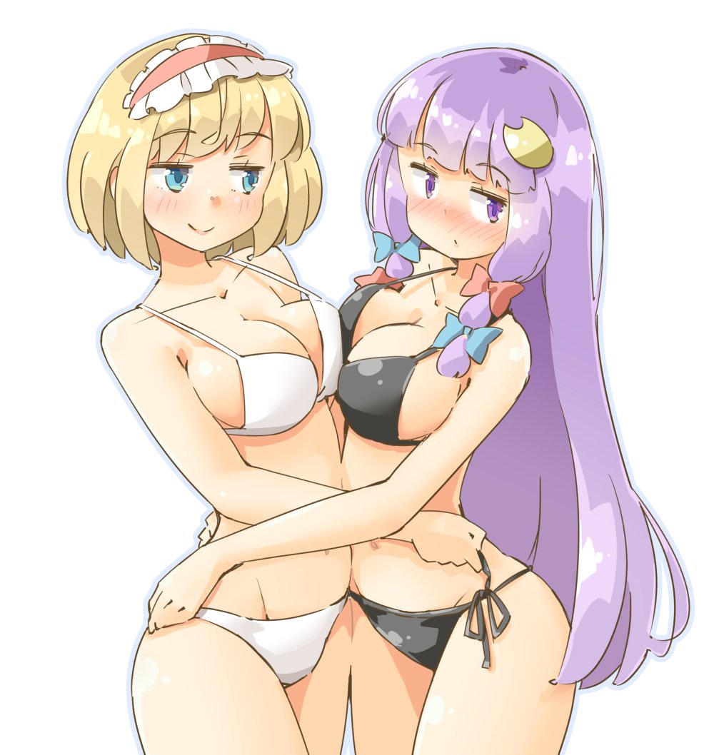 2girls alice_margatroid arnest asymmetrical_docking bangs bare_arms bare_shoulders bikini blonde_hair blue_bow blue_eyes blue_outline blush bow breast_press breasts collarbone commentary_request cowboy_shot crescent crescent_hair_ornament eyebrows_visible_through_hair frilled_hairband frills groin hair_bow hair_ornament hairband hug jitome large_breasts lolita_hairband long_hair looking_at_viewer multiple_girls navel no_hat no_headwear nose_blush patchouli_knowledge purple_hair red_bow red_hairband short_hair sidelocks simple_background smile standing stomach strap_gap swimsuit thighs touhou untying very_long_hair violet_eyes white_background white_bikini yuri