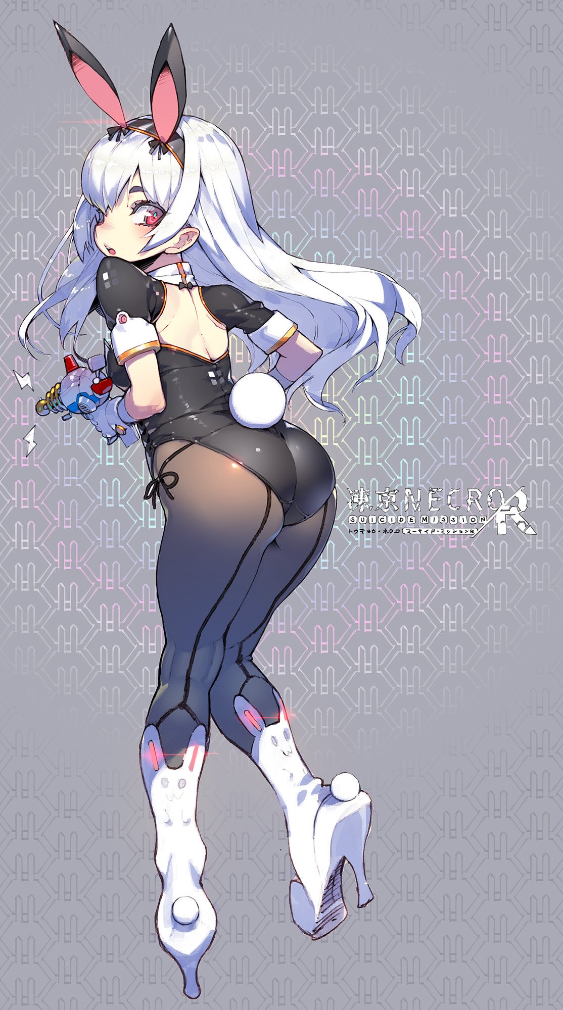 1girl animal_ears ass back blush bunny_tail bunnysuit character_request copyright_name detached_collar from_behind full_body gun high_heels highres leotard logo long_hair namaniku_atk open_mouth pantyhose rabbit_ears red_eyes round_teeth solo tail teeth tokyo_necro weapon white_footwear white_hair wrist_cuffs