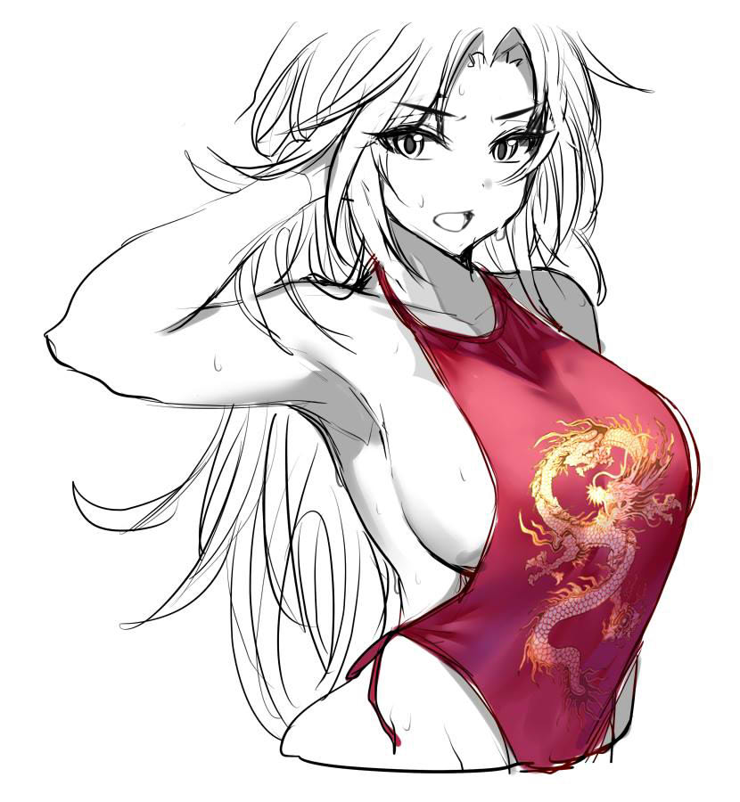 1girl breasts chinese_clothes covering dragon_print dudou gendo0032 halter_top halterneck large_breasts long_hair looking_at_viewer open_mouth original red_shirt shirt sideboob simple_background solo spot_color sweat sweatdrop upper_body very_long_hair white_background