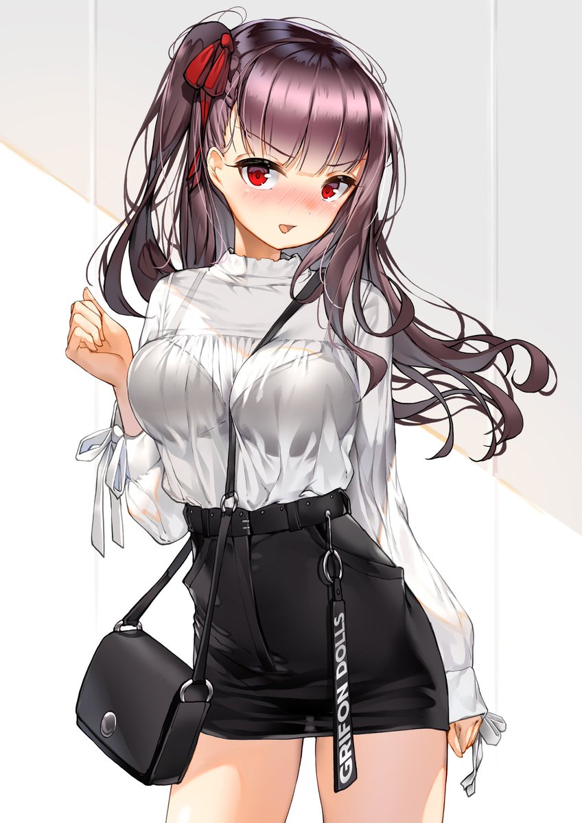 1girl :d bad_id bad_twitter_id bag bangs belt between_breasts black_bra black_skirt blouse blush bra bra_through_clothes braid breasts casual clothes_writing cowboy_shot embarrassed eyebrows_visible_through_hair french_braid girls_frontline hair_ribbon half_updo hand_on_hip high-waist_skirt indoors large_breasts lee_seok_ho long_hair long_sleeves looking_at_viewer one_side_up open_mouth purple_hair red_eyes red_ribbon ribbon see-through shirt shirt_tucked_in shoulder_bag sidelocks skirt sleeves_past_wrists smile solo strap strap_between_breasts tsurime underwear v-shaped_eyebrows very_long_hair wa2000_(girls_frontline) white_blouse white_shirt