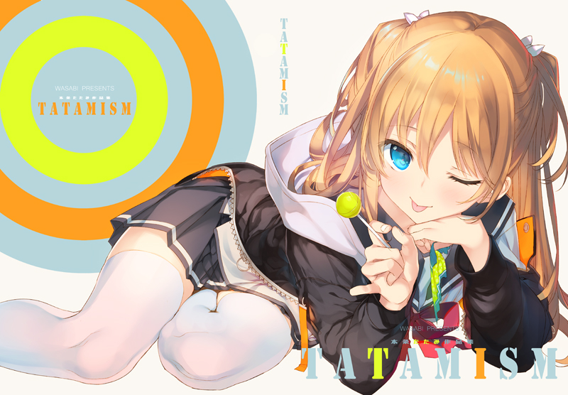1girl ;p bangs black_jacket blonde_hair blue_eyes breasts candy commentary_request eyebrows_visible_through_hair food jacket lollipop long_hair long_sleeves looking_at_viewer lying on_side one_eye_closed original sidelocks solo tatami_to_hinoki thigh-highs tongue tongue_out two_side_up white_legwear