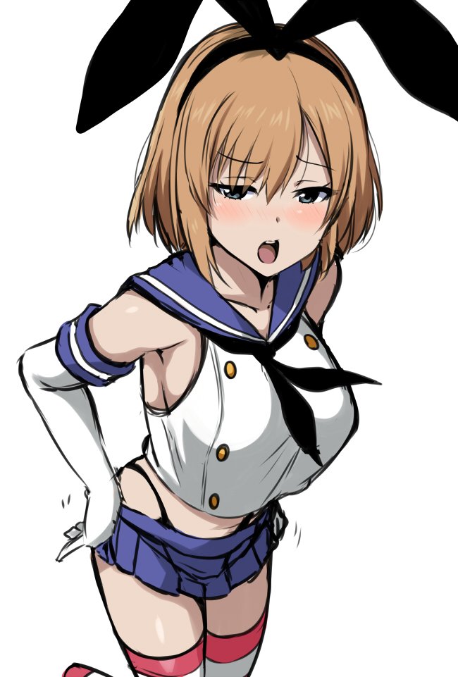 1girl bangs bare_shoulders black_panties blush breasts buttons commentary_request cosplay crop_top elbow_gloves gloves grey_eyes hair_between_eyes hairband highleg highleg_panties horosuke_(toot08) kantai_collection large_breasts light_brown_hair looking_at_viewer microskirt midriff miyamori_aoi open_mouth panties sailor_collar shimakaze_(kantai_collection) shimakaze_(kantai_collection)_(cosplay) shirobako short_hair simple_background skirt solo striped striped_legwear thigh-highs thighs thong underwear white_background white_gloves