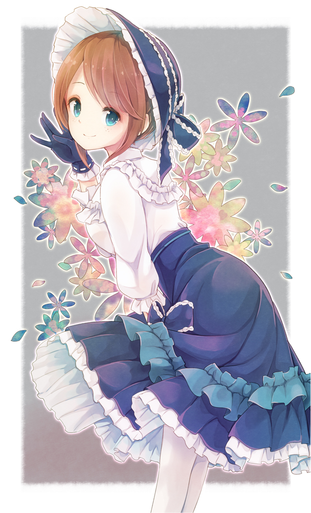 1girl bangs blue_bow blue_eyes blue_gloves blue_headwear blue_skirt blush bonnet bow brown_hair closed_mouth commentary_request emma_woods eyebrows_visible_through_hair floral_background frilled_shirt frilled_shirt_collar frills gloves grey_background hand_up high-waist_skirt humanization identity_v leaning_forward lolita_fashion pantyhose petals ribbon-trimmed_gloves ribbon_trim shirt sidelocks skirt smile solo standing two-tone_background white_background white_legwear white_shirt yonema