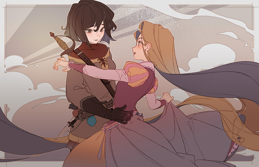 2girls arm_around_waist belt black_hair blonde_hair brown_gloves cassandra_(tangled) commentary dagger dancing dress eye_contact gloves kawacy light_blush long_hair looking_at_another multiple_girls parted_lips pink_dress rapunzel_(disney) short_hair smile strap sword tangled very_long_hair weapon weapon_on_back yuri