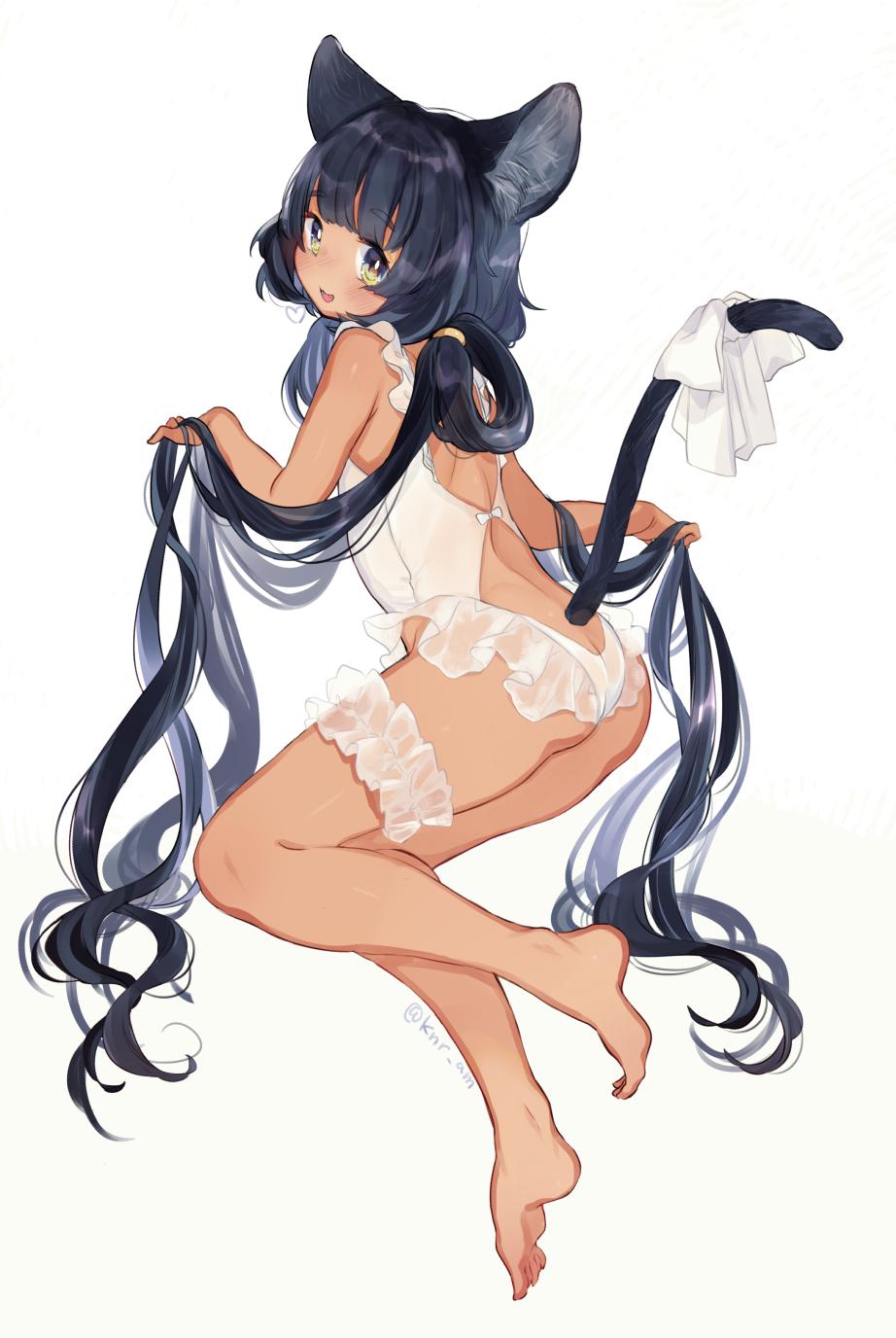 animal_ears ass bare_shoulders barefoot blush bow cat_ears cat_girl cat_tail commentary dark_skin dress eyebrows_visible_through_hair fangs from_behind full_body highres holding holding_hair kanro_ame_(ameko) leg_garter long_hair looking_at_viewer looking_back low_twintails open_mouth original see-through tail thick_eyebrows twintails twitter_username very_long_hair white_bow white_dress yellow_eyes