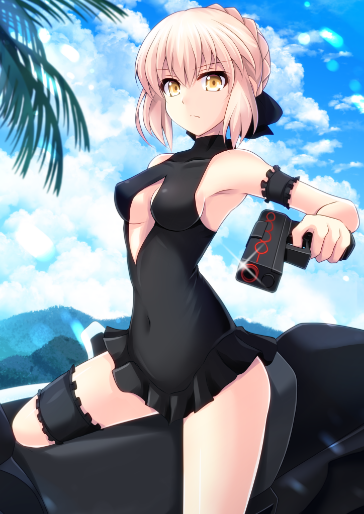 arm_garter artoria_pendragon_(all) bangs black_swimsuit blonde_hair blue_sky breasts cleavage_cutout clouds covered_navel cross_(crossryou) day eyebrows_visible_through_hair fate/grand_order fate_(series) frills ground_vehicle gun halterneck holding holding_gun holding_weapon leg_garter looking_at_viewer medium_breasts motor_vehicle motorcycle mountainous_horizon one-piece_swimsuit outdoors saber_alter short_hair sitting sky swimsuit swimsuit_skirt tree weapon yellow_eyes