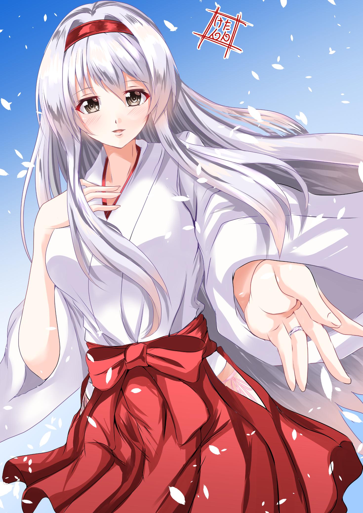 1girl artist_logo blue_background brown_eyes cherry_blossoms commentary_request cowboy_shot foreshortening gradient gradient_background hairband hakama hakama_skirt hand_on_own_chest highres japanese_clothes jewelry kantai_collection kentan_(kingtaiki) kimono long_hair looking_at_viewer muneate parted_lips petals red_hakama ring shoukaku_(kantai_collection) smile solo wedding_band white_hair white_kimono