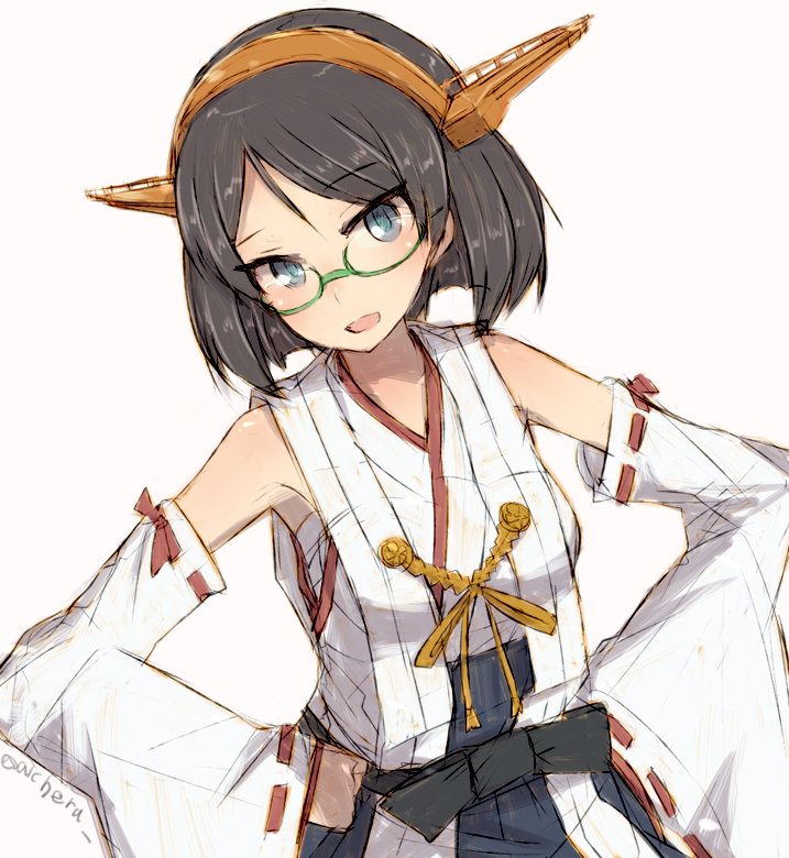 1girl alchera black_hair boots commentary_request cowboy_shot detached_sleeves glasses green-framed_eyewear green_eyes hairband hands_on_hips headgear kantai_collection kirishima_(kantai_collection) looking_at_viewer nontraditional_miko remodel_(kantai_collection) ribbon-trimmed_sleeves ribbon_trim short_hair simple_background solo thigh-highs thigh_boots white_background